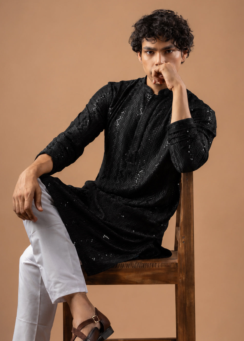 Spider Black Rayon Kurta with Embroidered Sequin Accents