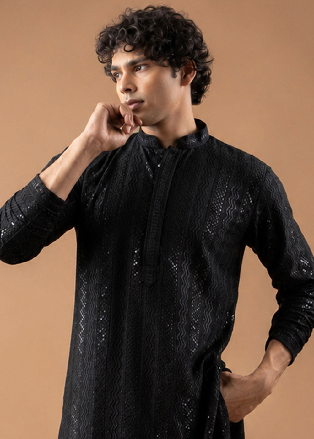 Spider Black Rayon Kurta with Embroidered Sequin Accents
