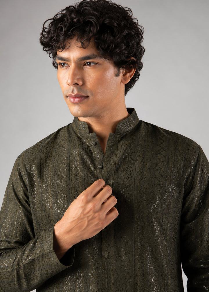Sage Green Rayon Kurta with Embroidered Sequin Accents