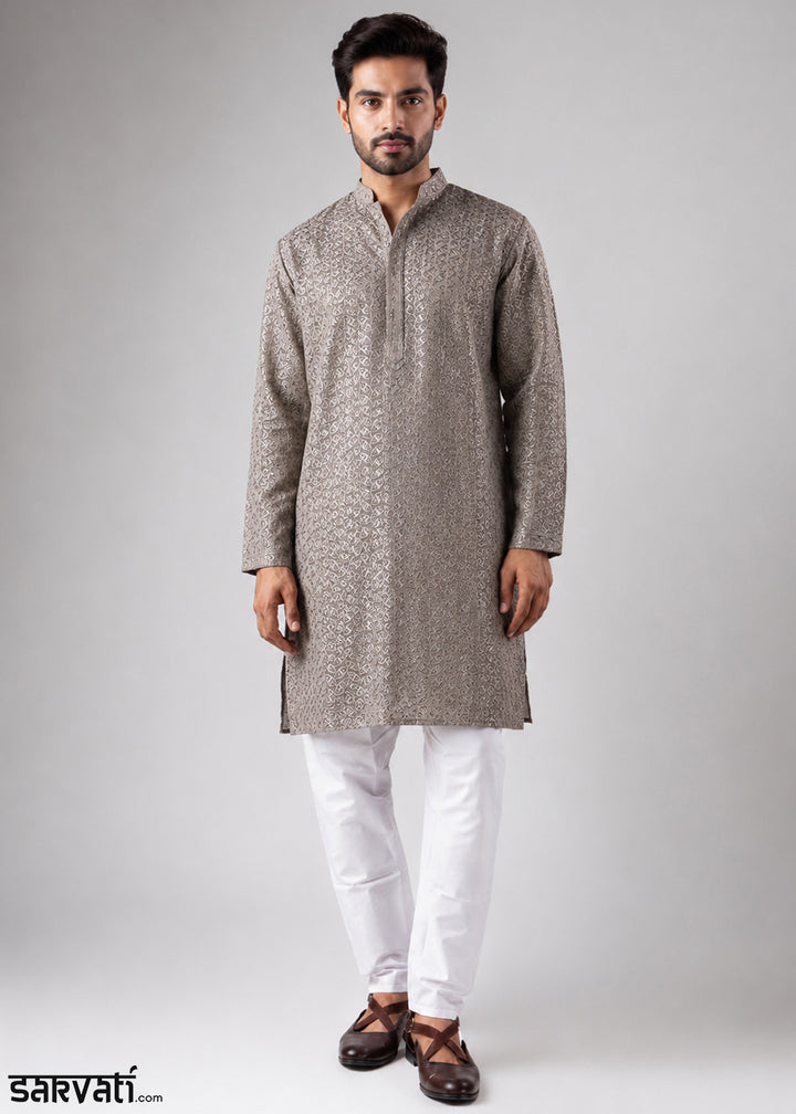 Granite Grey Rayon Kurta with Ornamental Embroidery