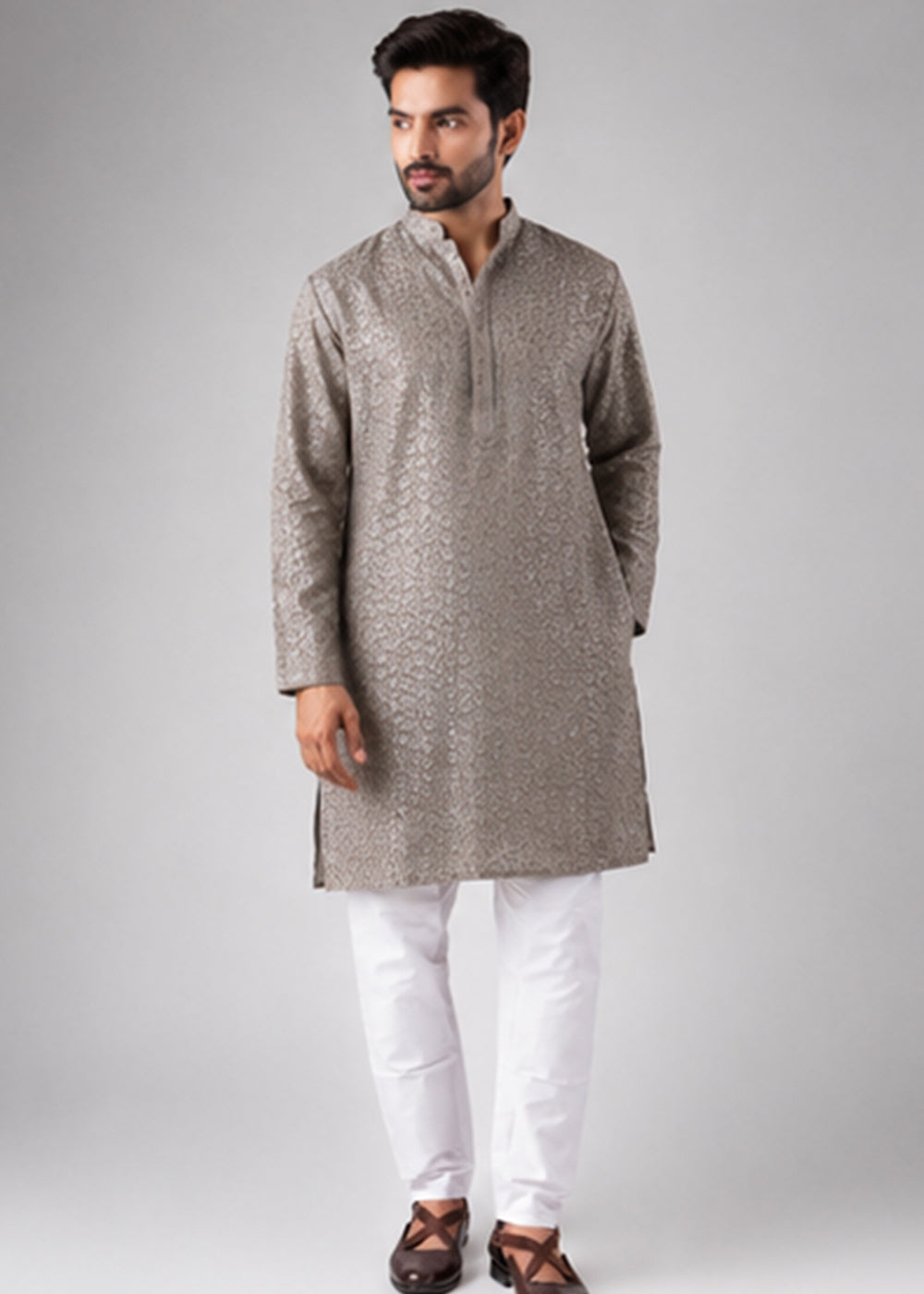 Granite Grey Rayon Kurta with Ornamental Embroidery