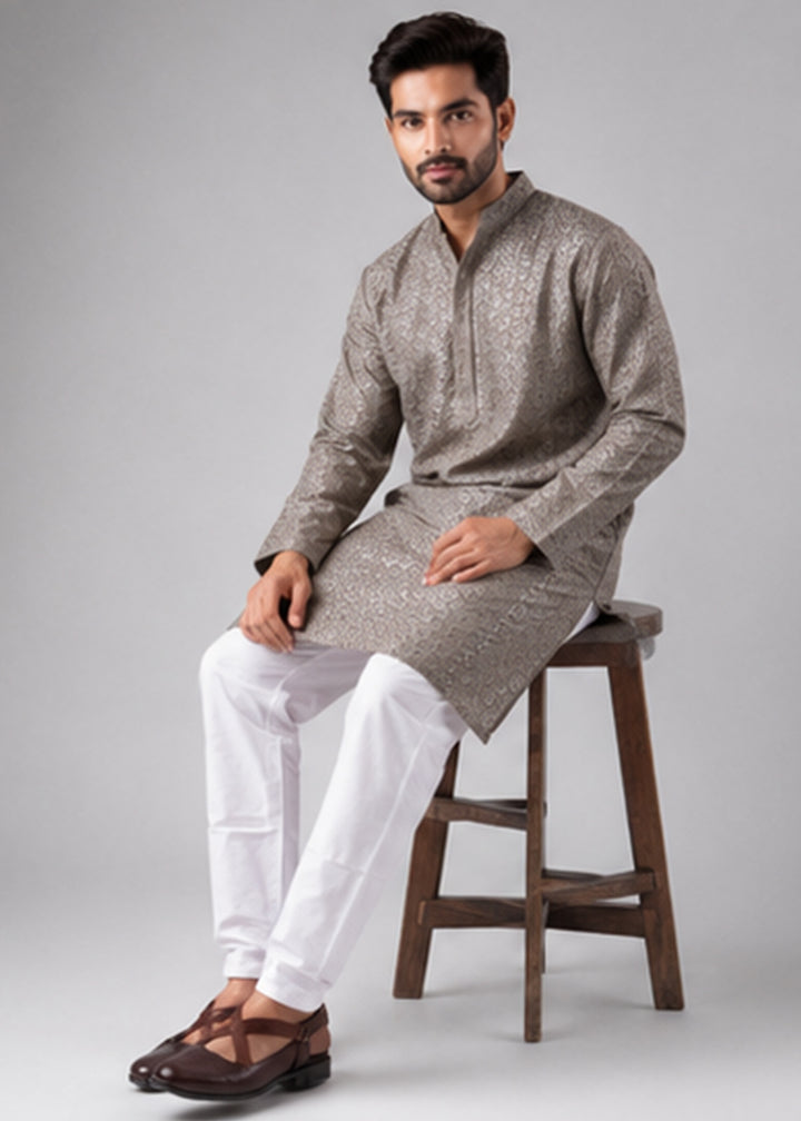 Granite Grey Rayon Kurta with Ornamental Embroidery