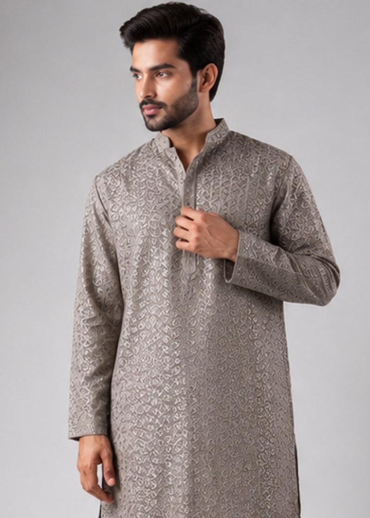 Granite Grey Rayon Kurta with Ornamental Embroidery