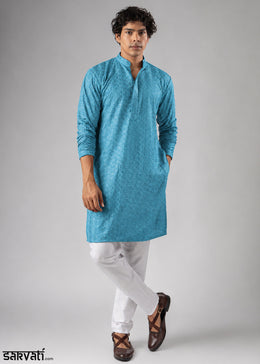 Sky Blue Rayon Kurta with Ornamental Embroidery