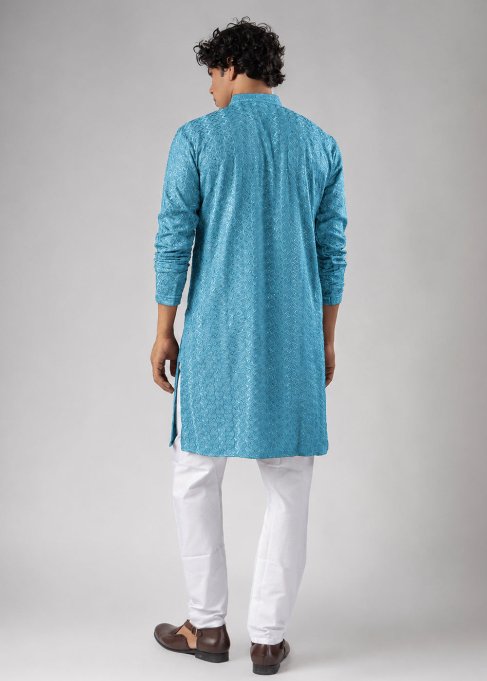 Sky Blue Rayon Kurta with Ornamental Embroidery