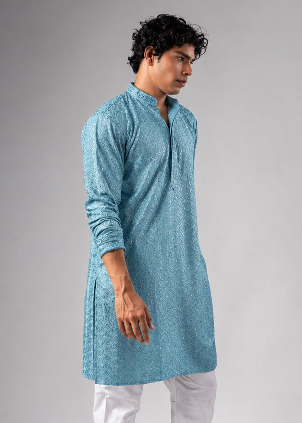 Sky Blue Rayon Kurta with Ornamental Embroidery