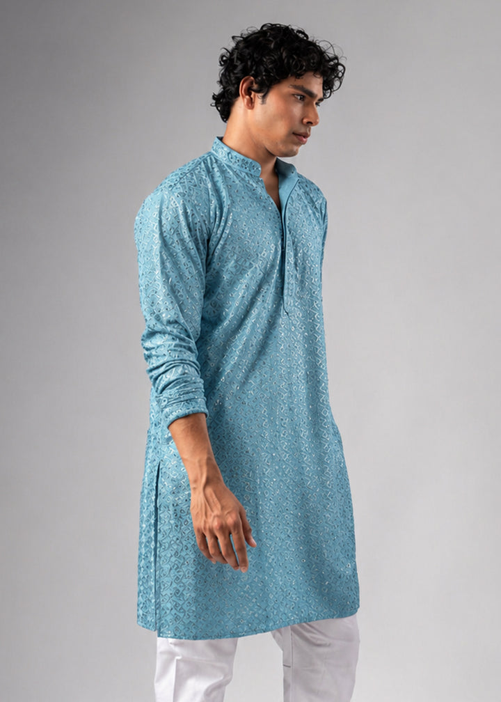 Sky Blue Rayon Kurta with Ornamental Embroidery