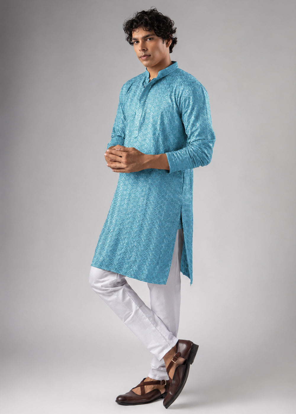 Sky Blue Rayon Kurta with Ornamental Embroidery