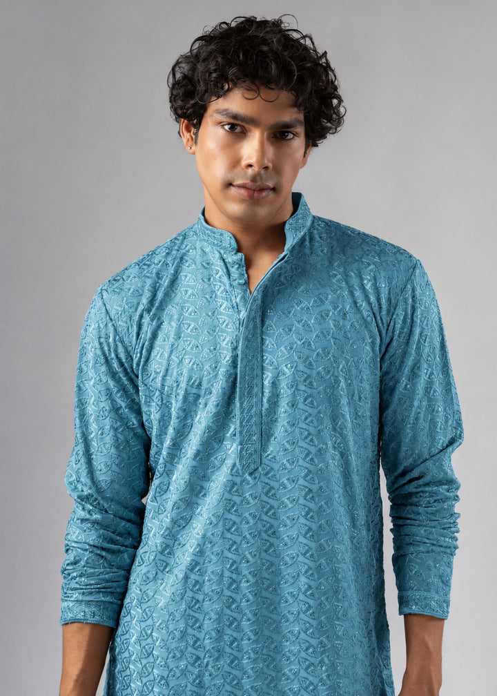 Sky Blue Rayon Kurta with Ornamental Embroidery
