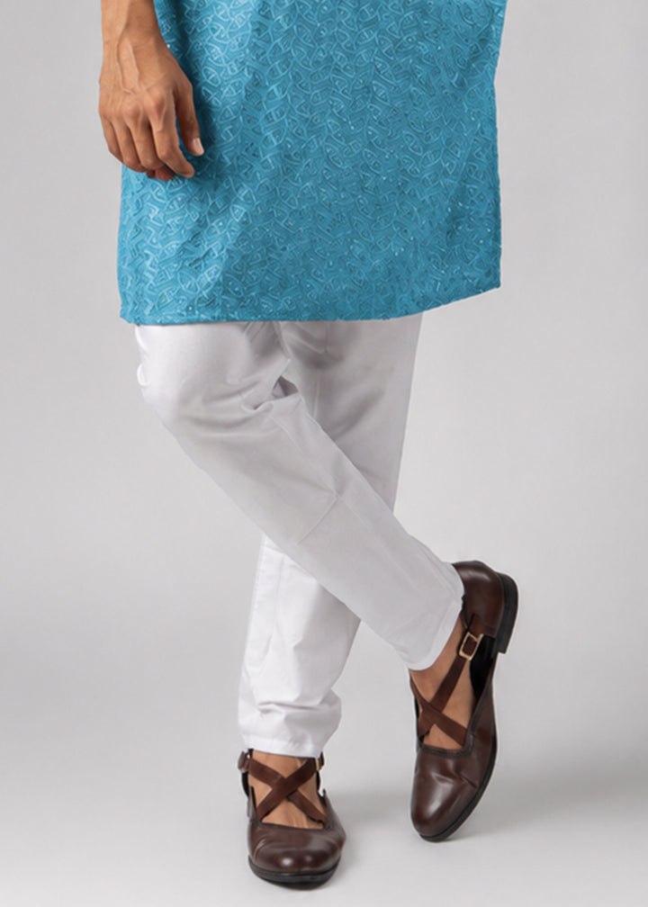 Sky Blue Rayon Kurta with Ornamental Embroidery