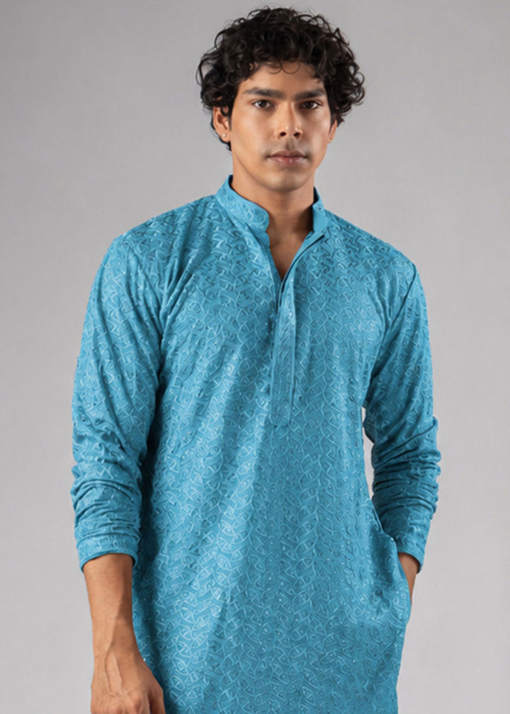 Sky Blue Rayon Kurta with Ornamental Embroidery