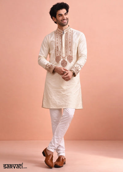 Cream White Silk Kurta Pyjama Set with Handcrafted Thread Work