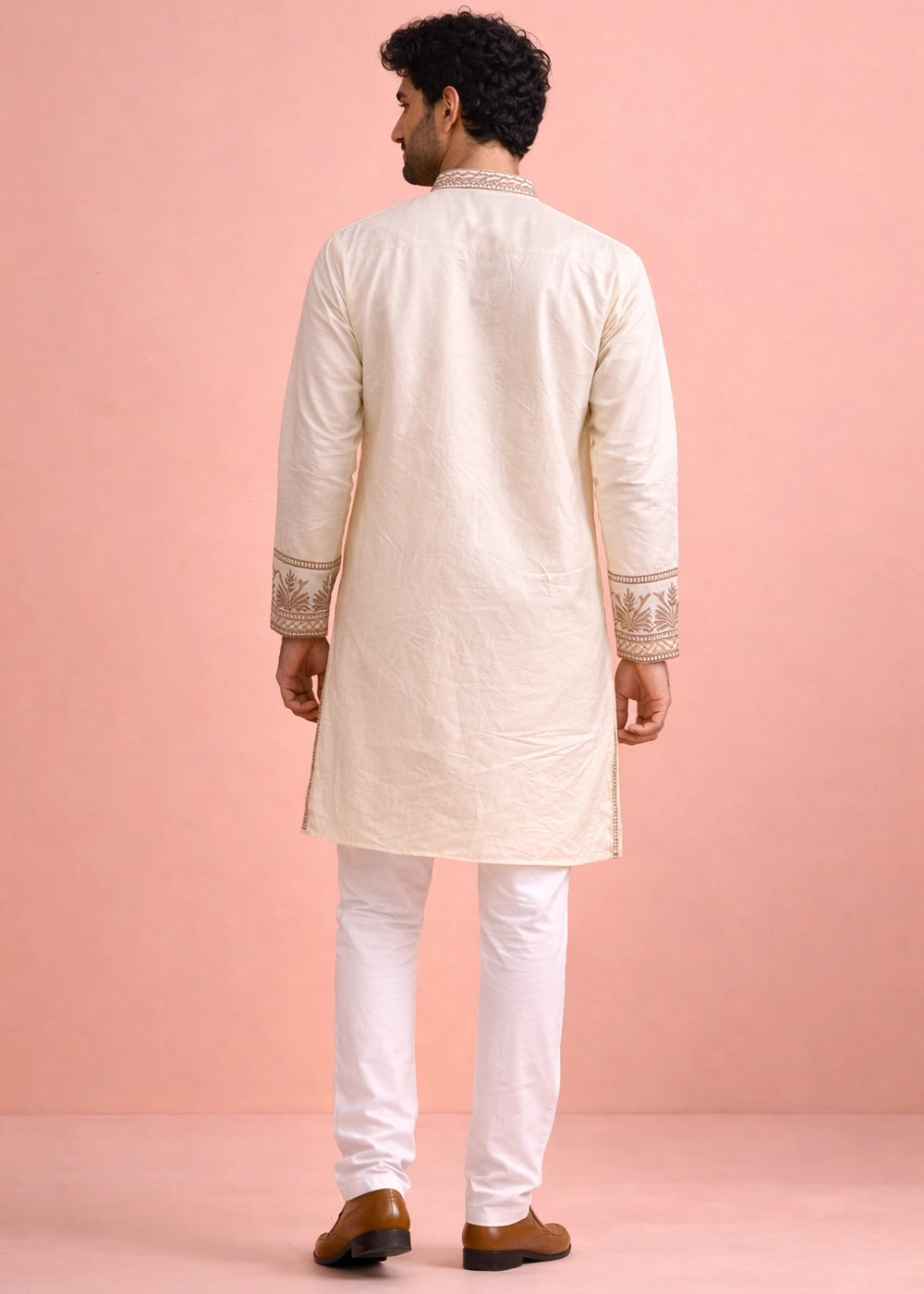 Cream White Silk Kurta Pyjama Set with Handcrafted Thread Work