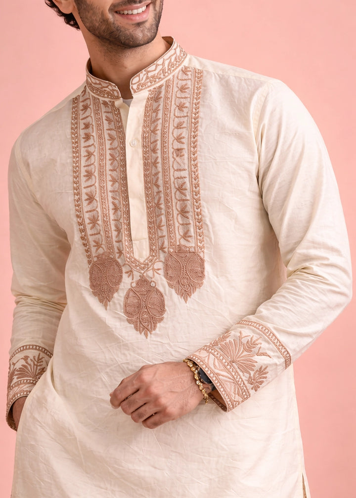 Cream White Silk Kurta Pyjama Set with Handcrafted Thread Work
