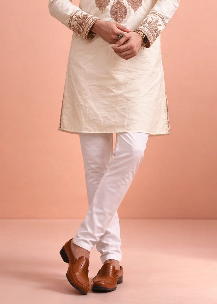 Cream White Silk Kurta Pyjama Set with Handcrafted Thread Work