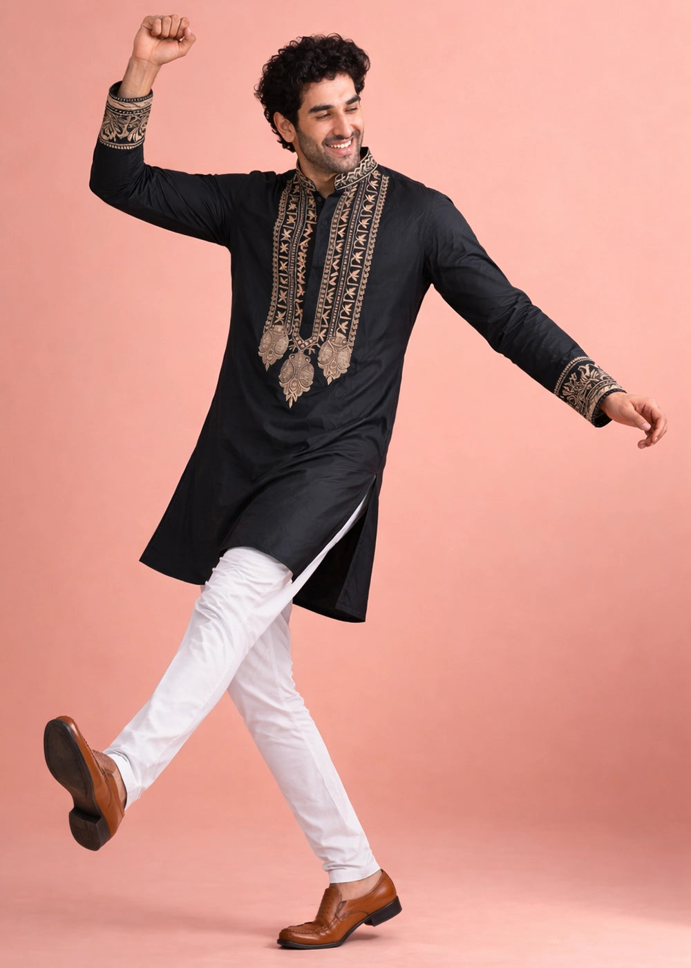 Onyx Black Silk Kurta Pyjama Set with Handcrafted Thread Work