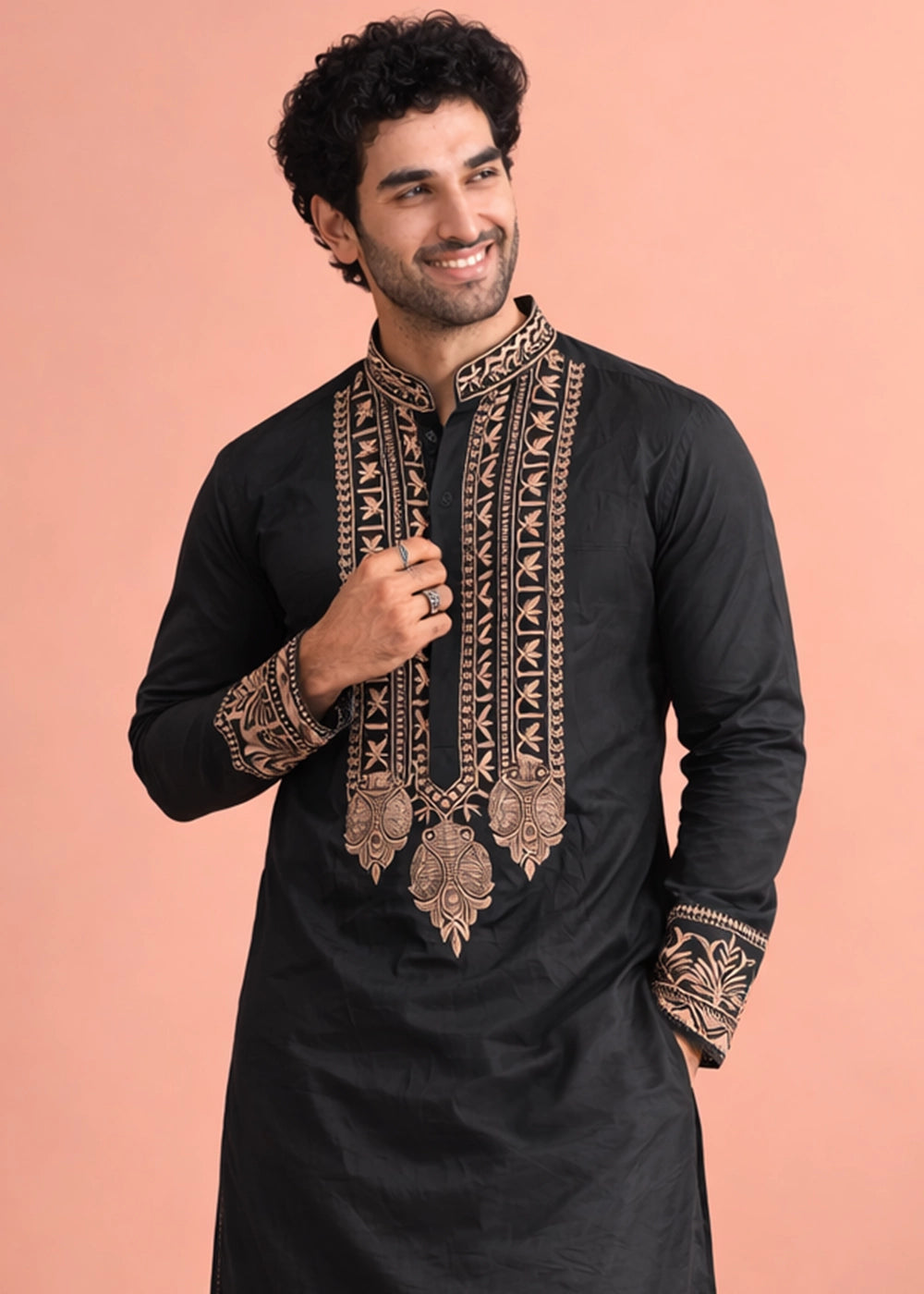 Onyx Black Silk Kurta Pyjama Set with Handcrafted Thread Work