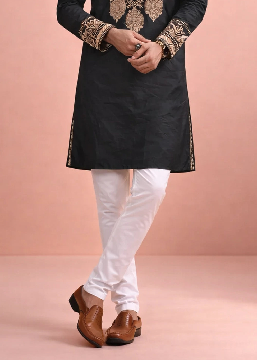 Onyx Black Silk Kurta Pyjama Set with Handcrafted Thread Work
