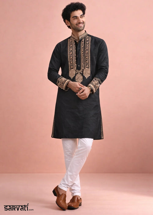 Onyx Black Silk Kurta Pyjama Set with Handcrafted Thread Work