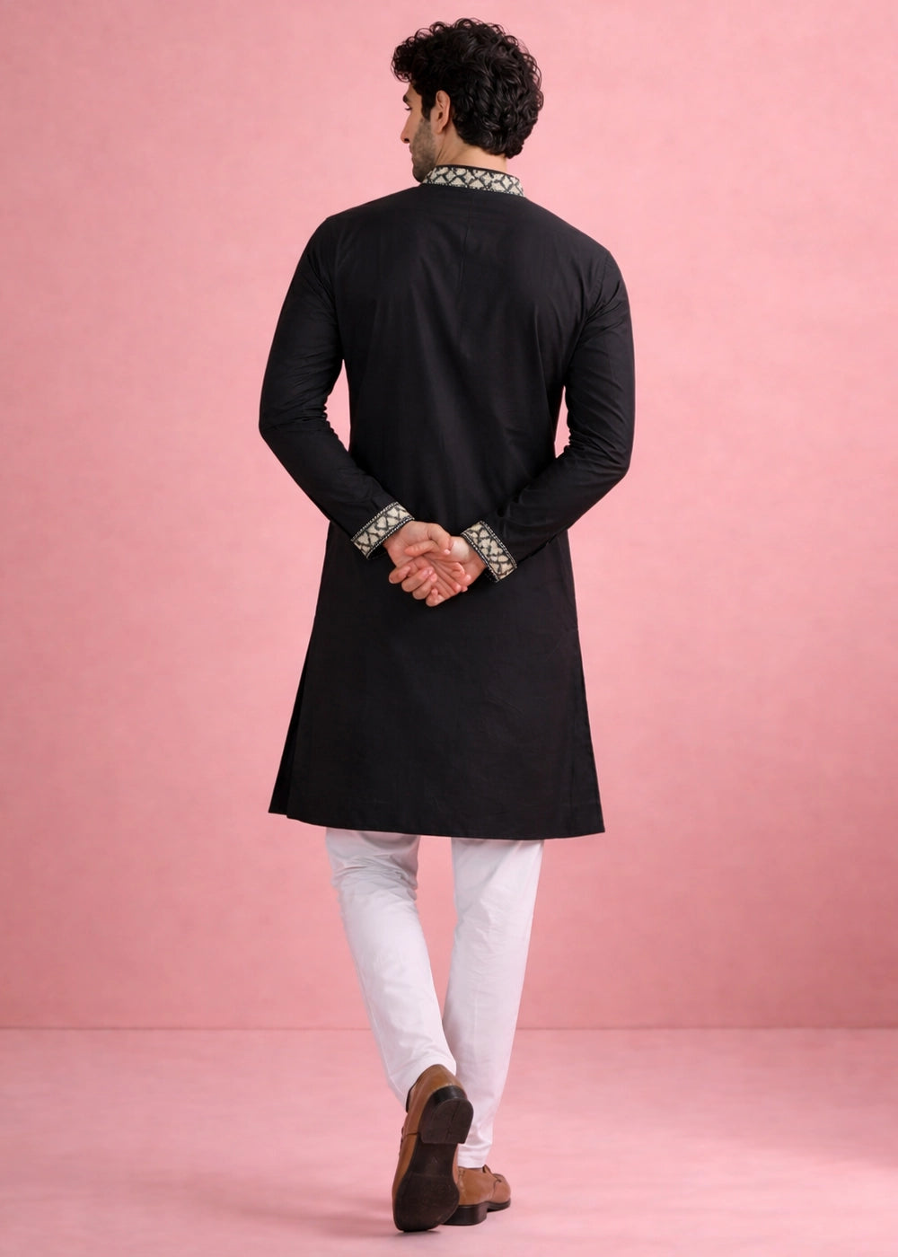Pebble Black Silk Kurta Pyjama Set with Handcrafted Thread Work