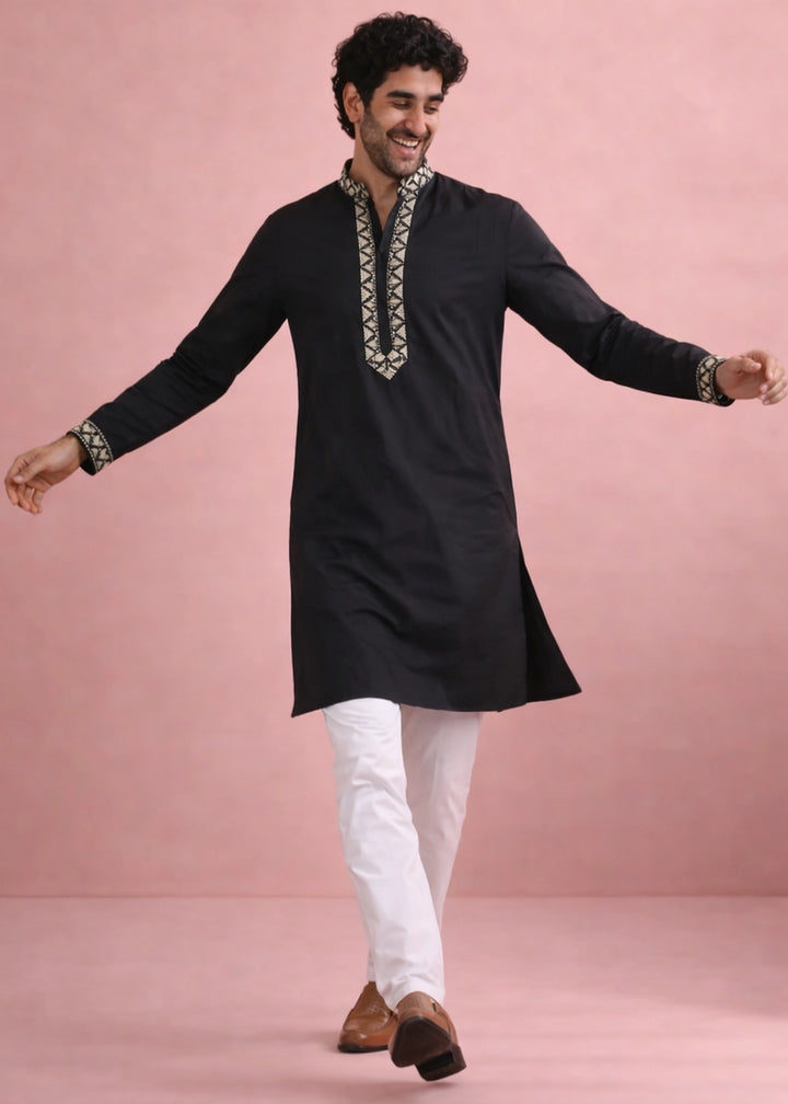 Pebble Black Silk Kurta Pyjama Set with Handcrafted Thread Work