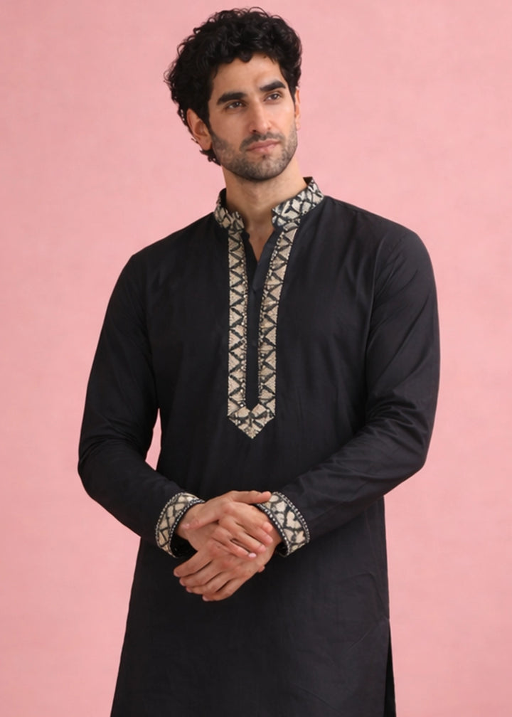 Pebble Black Silk Kurta Pyjama Set with Handcrafted Thread Work