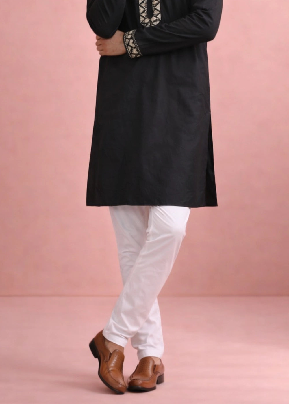 Pebble Black Silk Kurta Pyjama Set with Handcrafted Thread Work