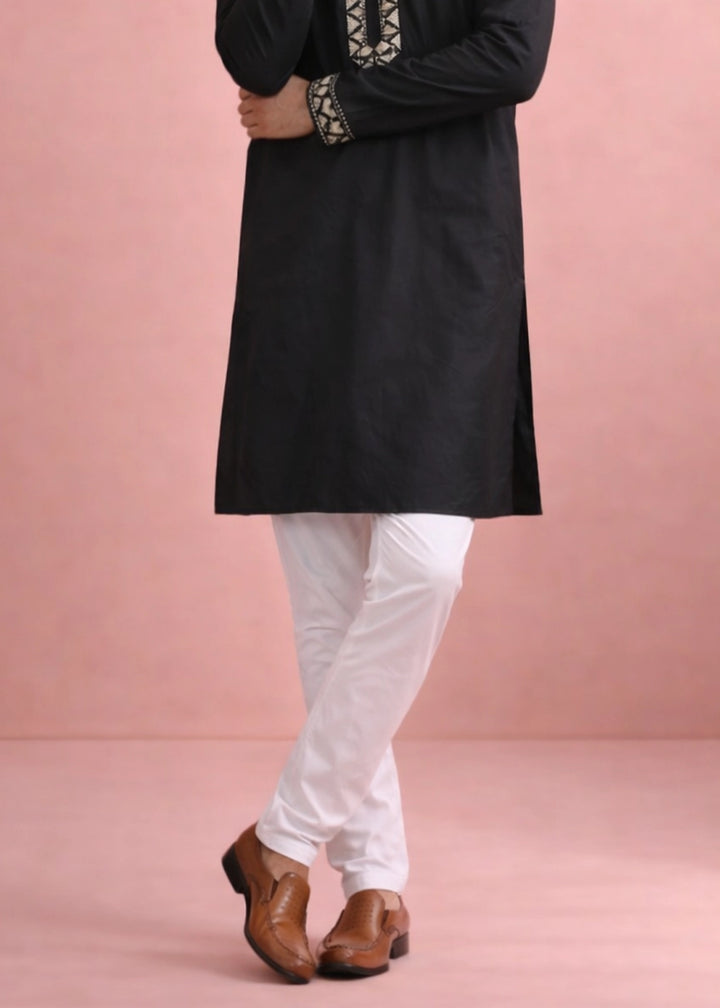 Pebble Black Silk Kurta Pyjama Set with Handcrafted Thread Work