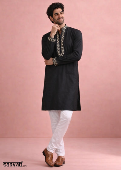 Pebble Black Silk Kurta Pyjama Set with Handcrafted Thread Work