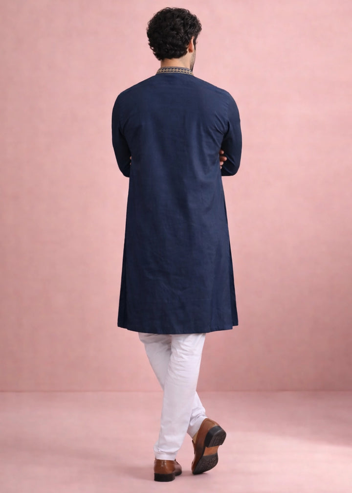 Navy Blue Silk Kurta Pyjama Set with Handcrafted Thread Work