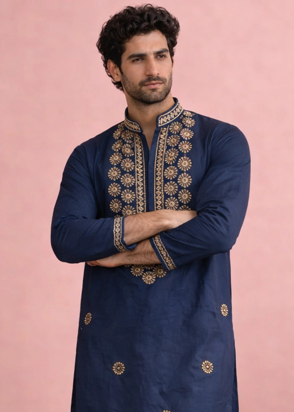 Navy Blue Silk Kurta Pyjama Set with Handcrafted Thread Work