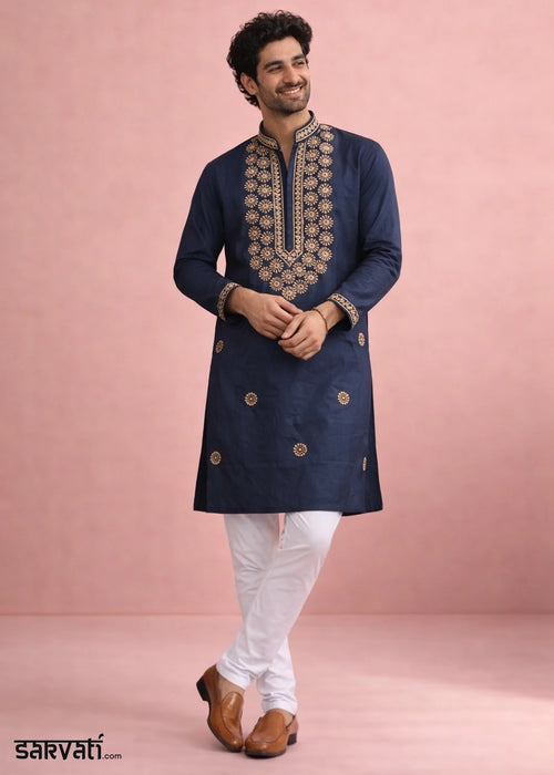 Navy Blue Silk Kurta Pyjama Set with Handcrafted Thread Work