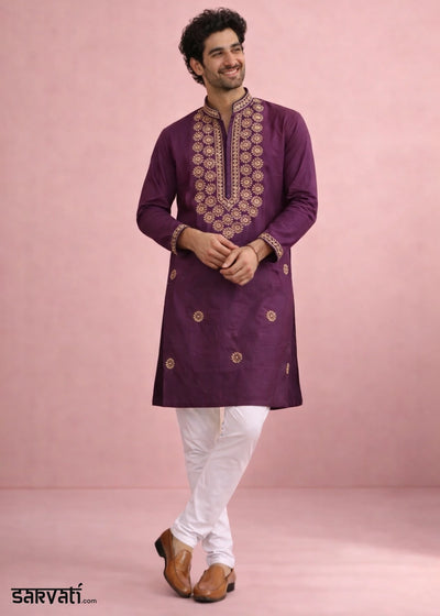 Amaranth Purple Silk Kurta Pyjama Set with Handcrafted Thread Work