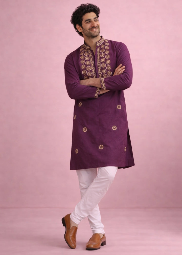 Amaranth Purple Silk Kurta Pyjama Set with Handcrafted Thread Work