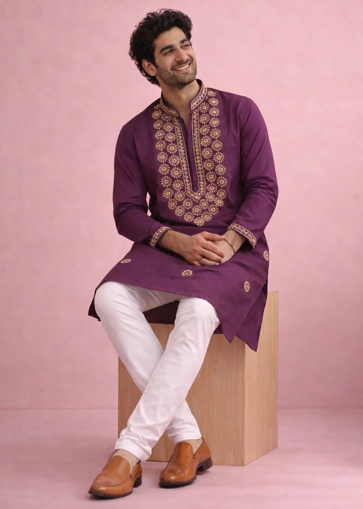 Amaranth Purple Silk Kurta Pyjama Set with Handcrafted Thread Work