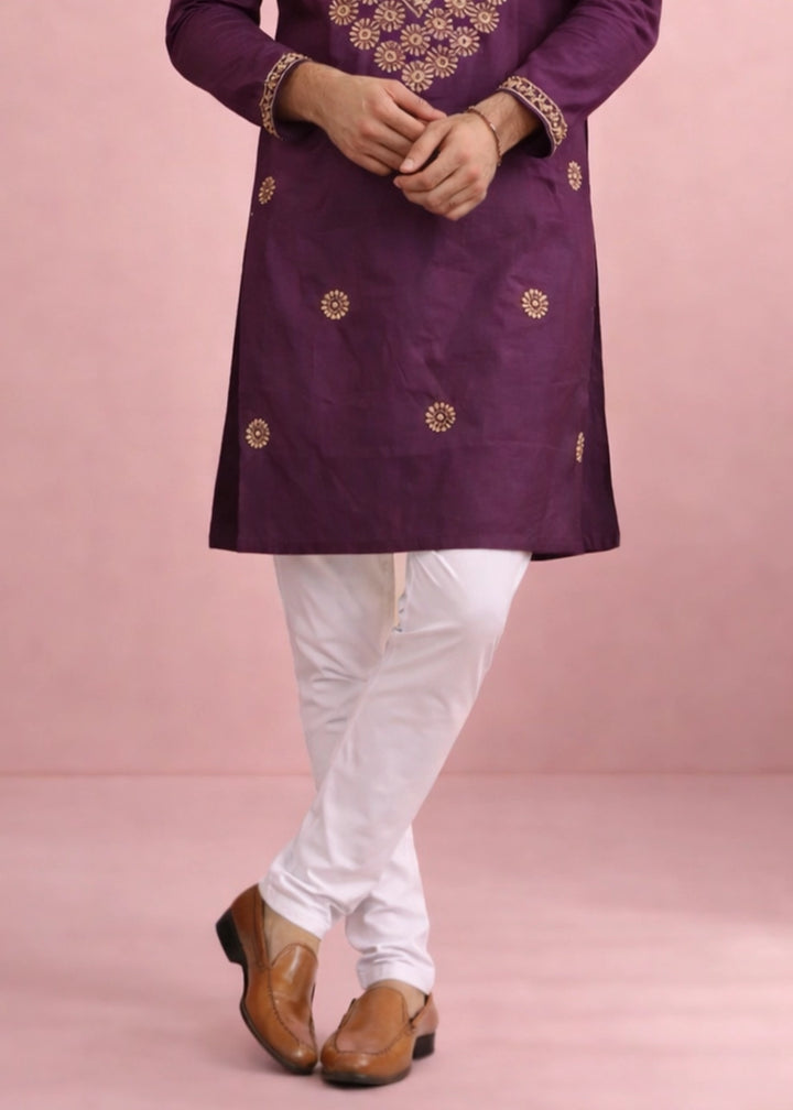 Amaranth Purple Silk Kurta Pyjama Set with Handcrafted Thread Work
