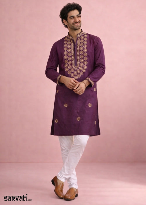 Amaranth Purple Silk Kurta Pyjama Set with Handcrafted Thread Work