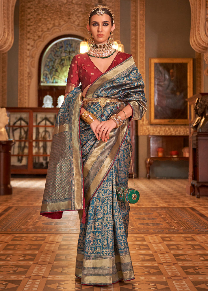 Celadon Blue Woven Banarasi Silk Saree with Glossy Aqua Hue