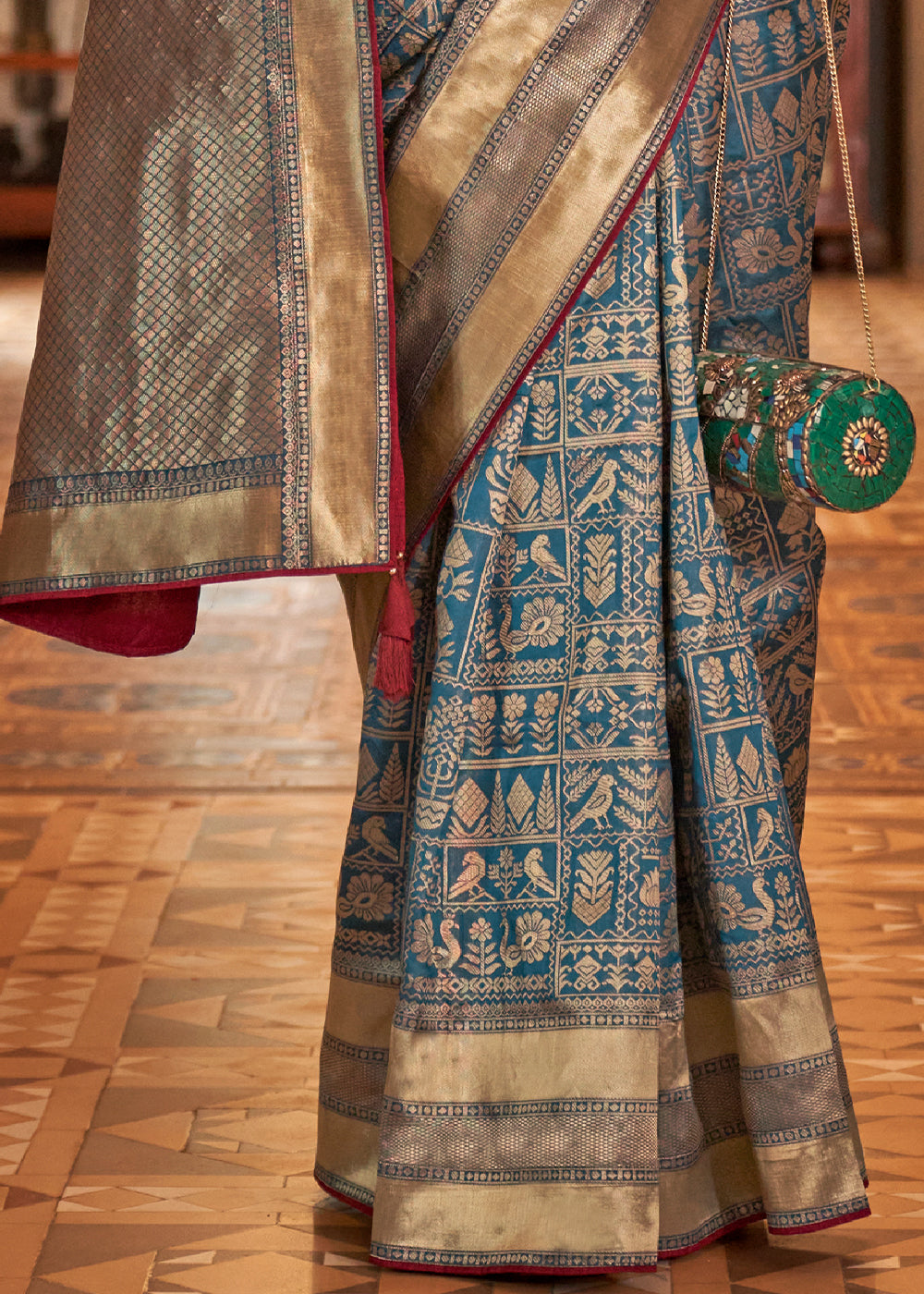 Celadon Blue Woven Banarasi Silk Saree with Glossy Aqua Hue