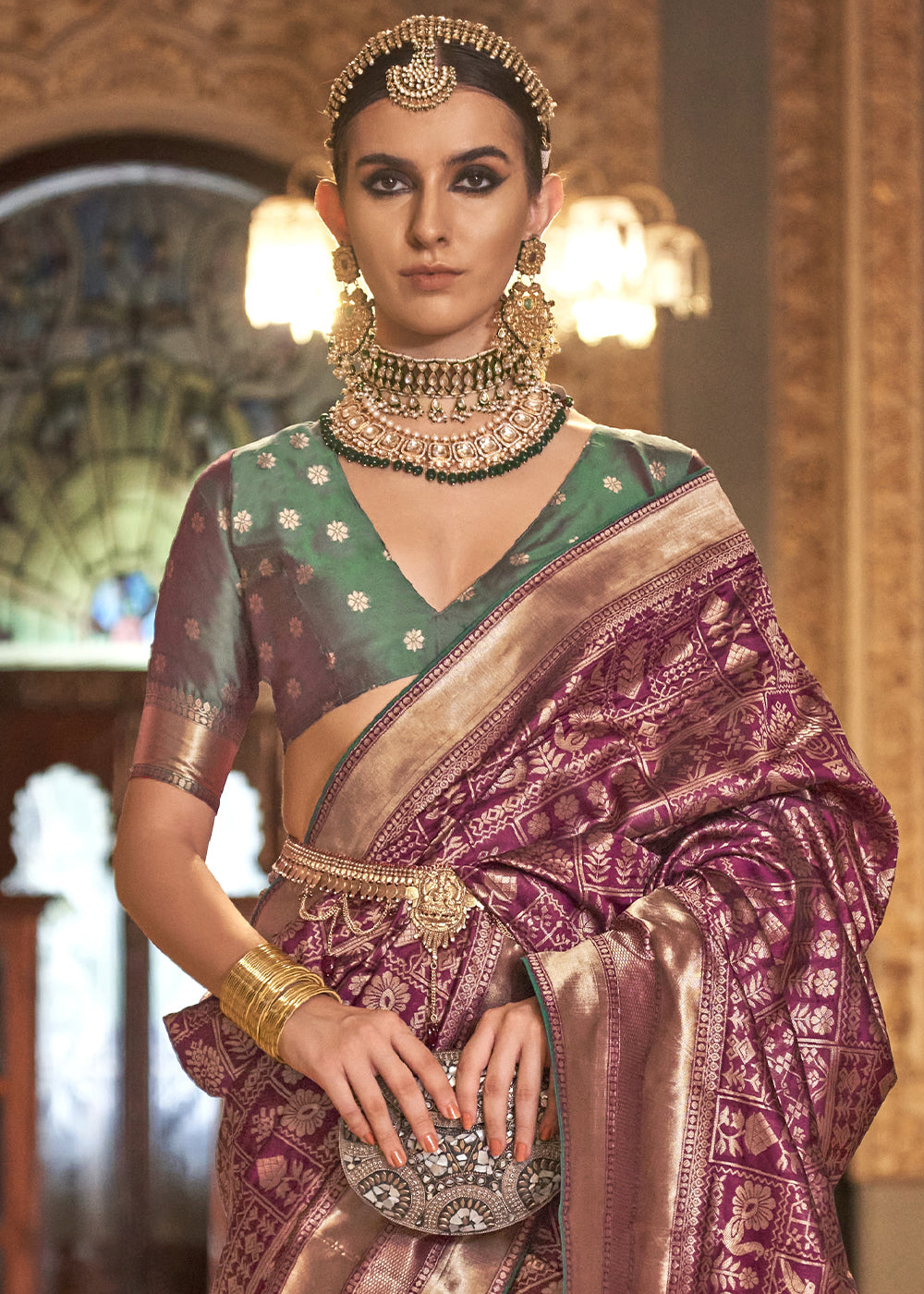 Fandango Purple Woven Banarasi Silk Saree with Glossy Aqua Hue