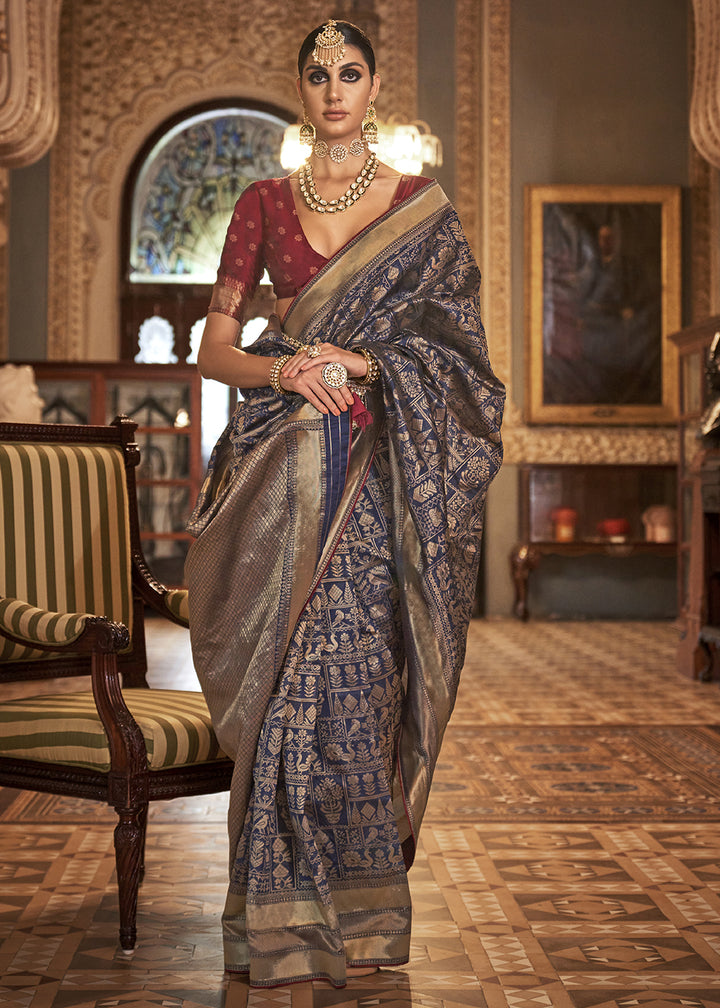 Berry Blue Woven Banarasi Silk Saree with Glossy Aqua Hue