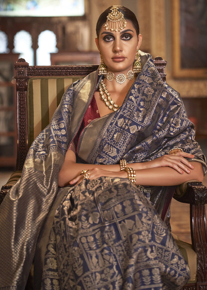 Berry Blue Woven Banarasi Silk Saree with Glossy Aqua Hue