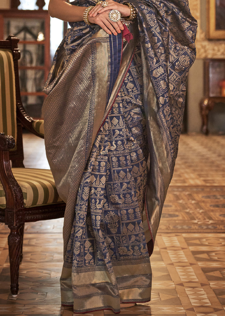 Berry Blue Woven Banarasi Silk Saree with Glossy Aqua Hue