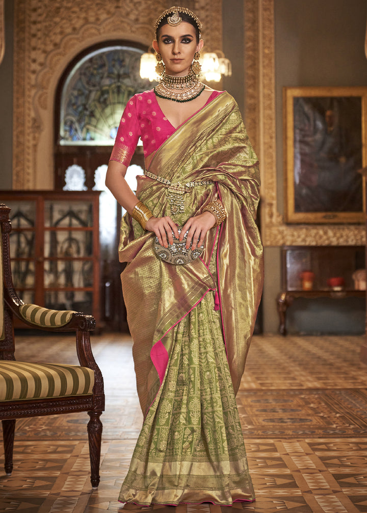 Light Green Woven Banarasi Silk Saree with Glossy Aqua Hue