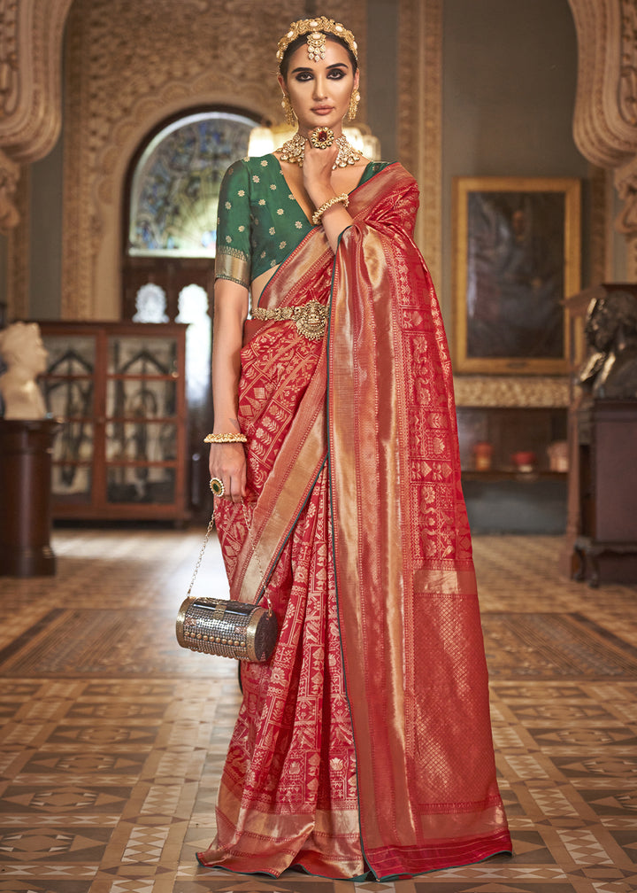 Scarlet Red Woven Banarasi Silk Saree with Glossy Aqua Hue