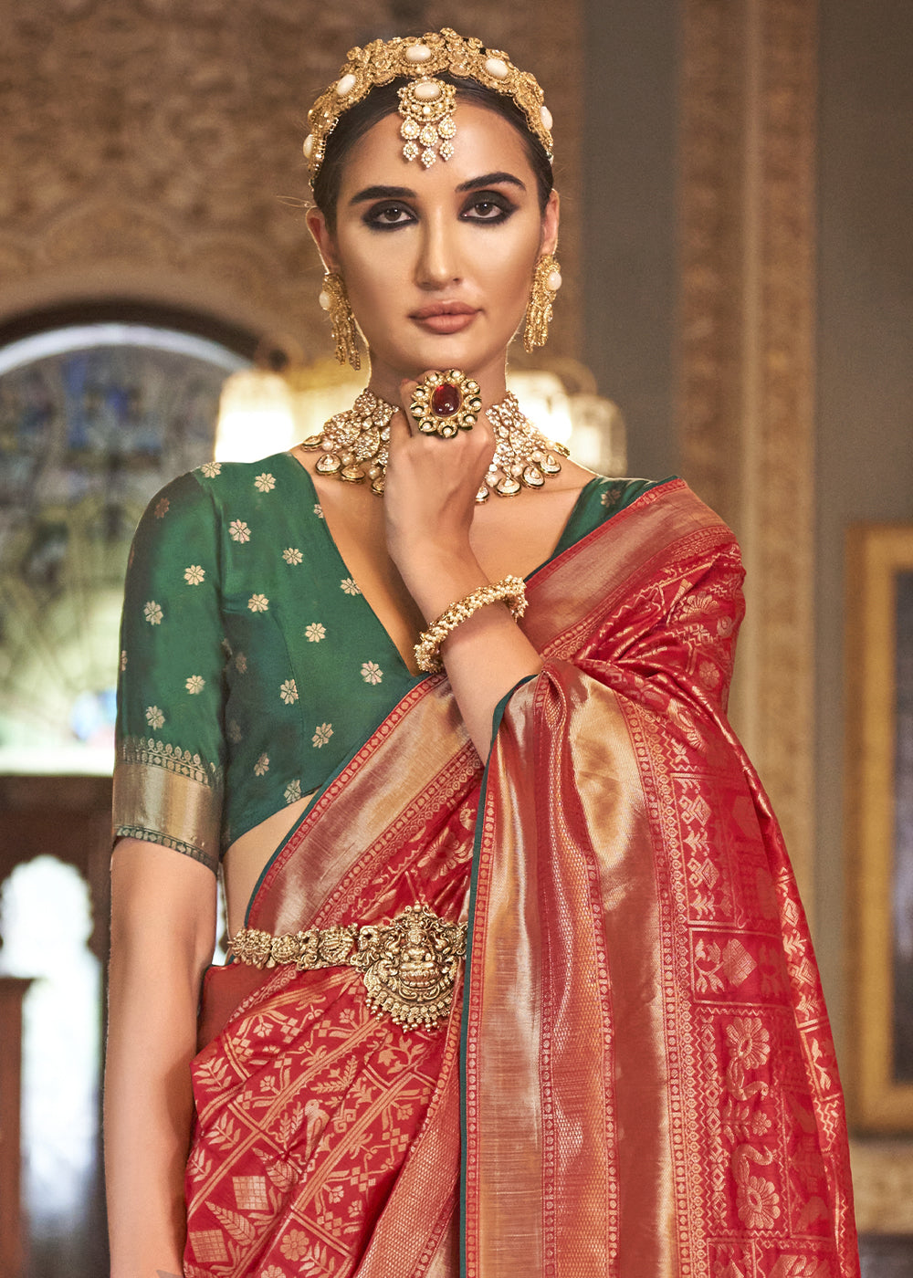 Scarlet Red Woven Banarasi Silk Saree with Glossy Aqua Hue