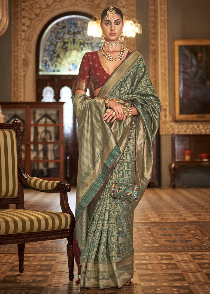 Persian Green Woven Banarasi Silk Saree with Glossy Aqua Hue