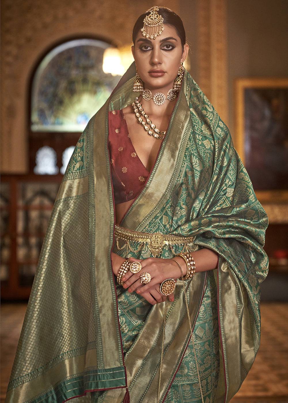 Persian Green Woven Banarasi Silk Saree with Glossy Aqua Hue