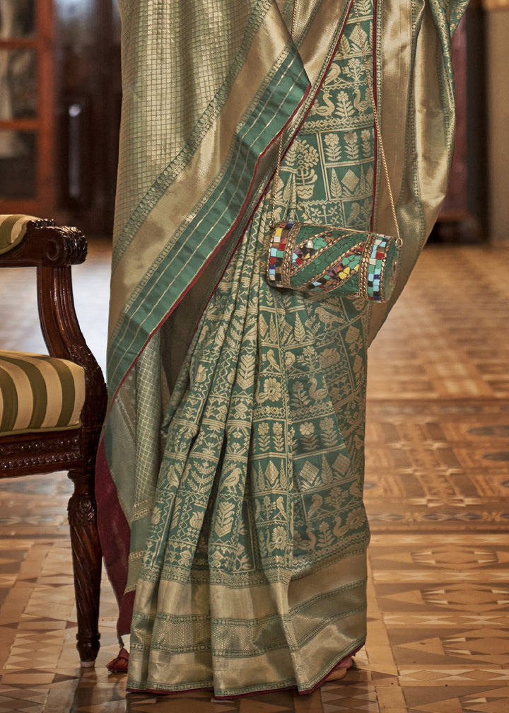 Persian Green Woven Banarasi Silk Saree with Glossy Aqua Hue