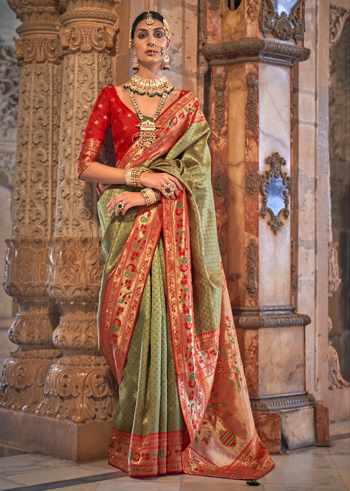 Pastel Green Paithani Banarasi Silk Saree with Intricate Jacquard Weave and Stone Accents